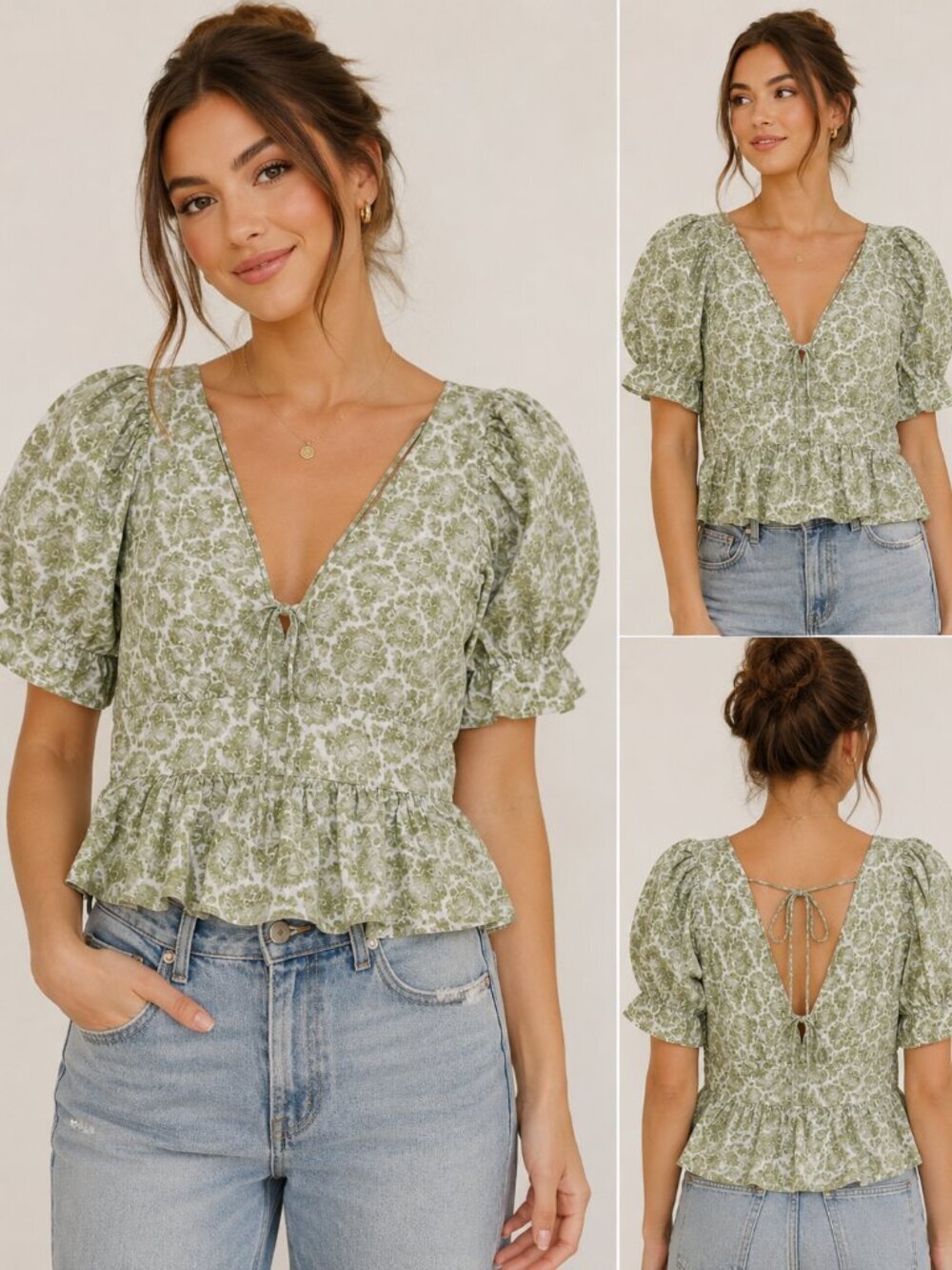 J.Crew Green Floral Peplum Blouse Puff Sleeve Cottagecore Top Size 6